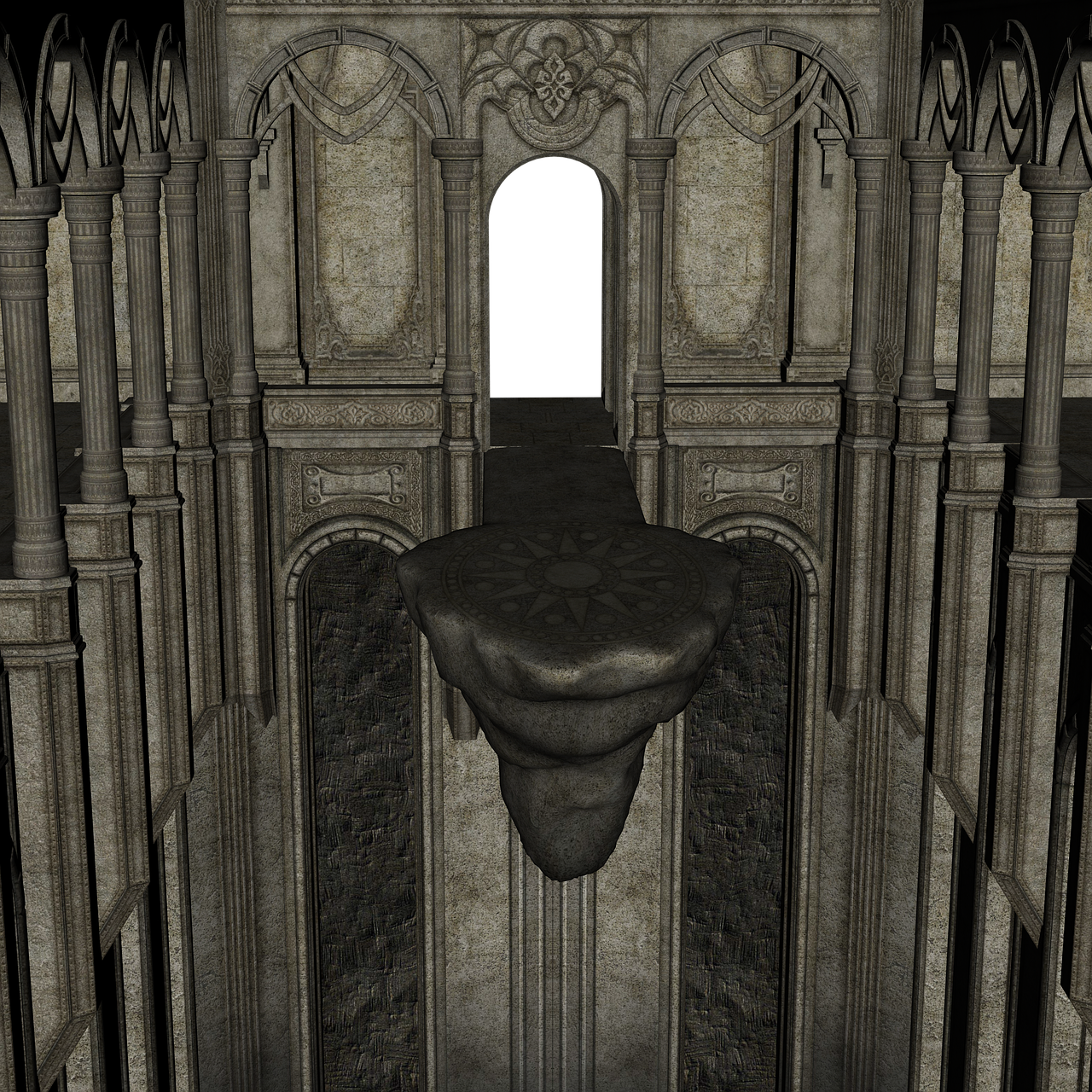 the image depicts a gothic fantasy architecture, featuring a stone corridor with tall columns and archways. a stone platform is floating in the middle of the scene, connected to a dark passage way. the scene is dimly lit, creating a sense of mystery and antiquity.