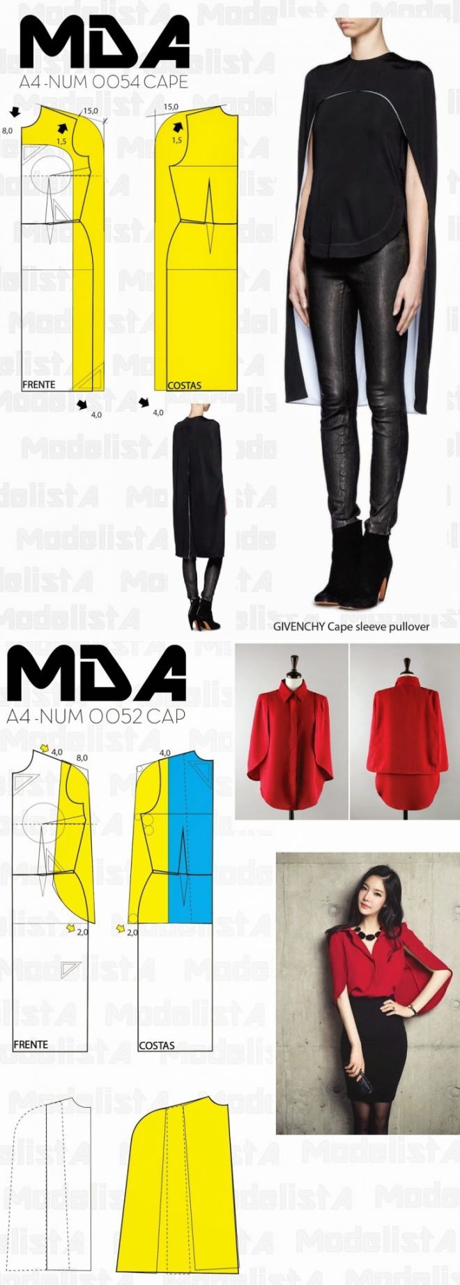 the image shows several examples of cape sleeve pullovers, blouses and dresses. the images show both the finished product, as well as the patterns used to create the garments.