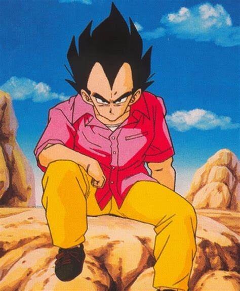 vegeta is shown in his casual attire with a red shirt and yellow pants.  he has a serious expression on his face, which is indicative of his personality in the series. he is looking down at something, and the background shows a rocky desert landscape.