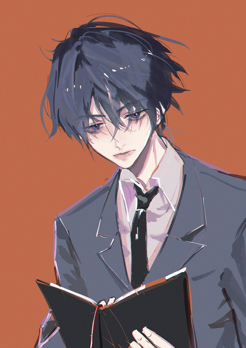 an anime boy with black hair and blue eyes is wearing a suit and tie. he is reading a black notebook and has a serious expression on his face. the background is orange. this is a digital art illustration.