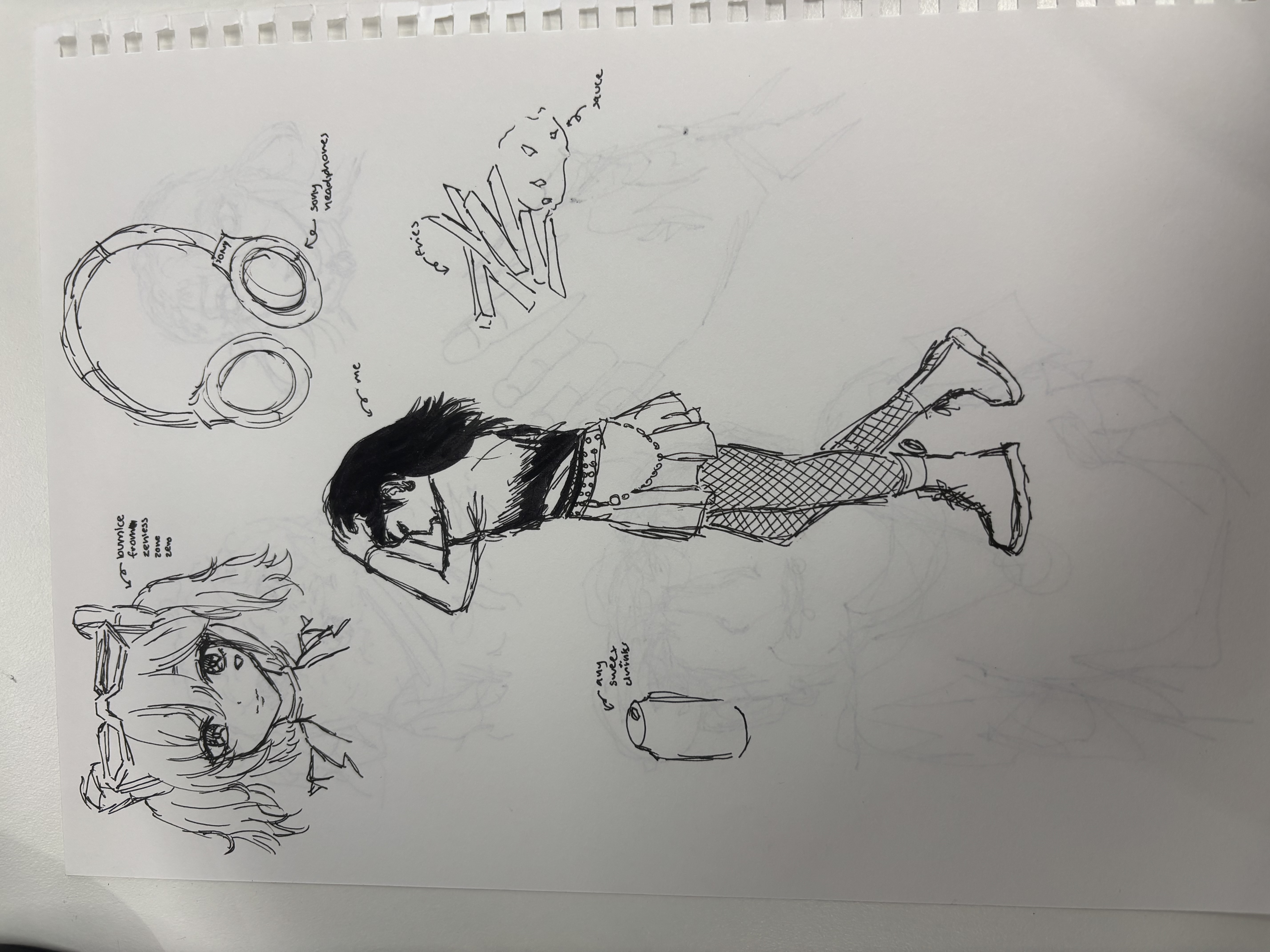 the image contains several sketches on a white paper sheet. there's an anime girl with pigtails and goggles, a pair of headphones, a girl with short dark hair in a skirt, tshirt, fishnet stockings and boots. there is also a sketch of french fries with sauce, and a soda can.