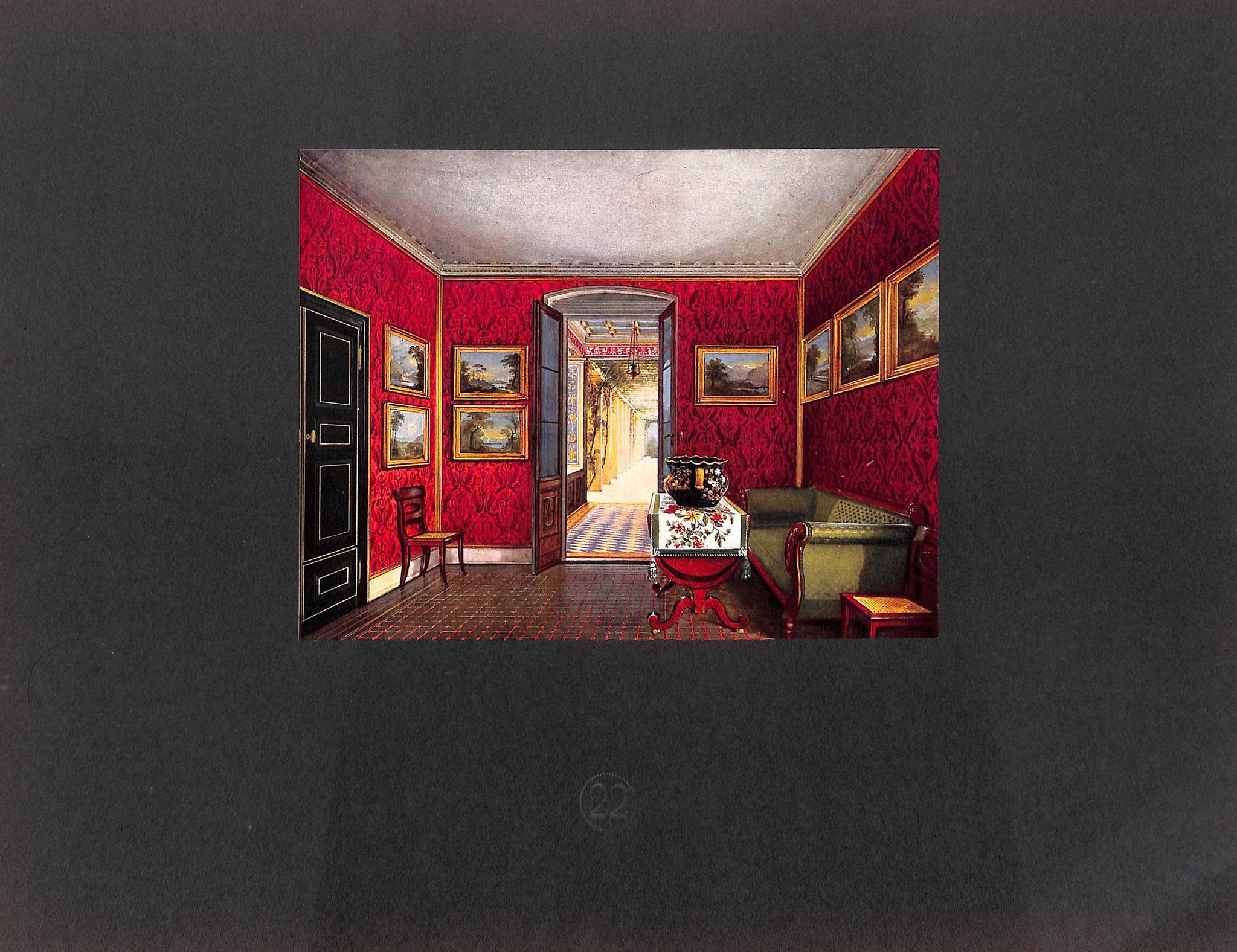 the image shows an interior room with red patterned wallpaper, multiple landscape paintings on the walls, a doorway leading to another room with a blue and white tiled floor, a black door, a chair, a couch, and a small table with a vase.