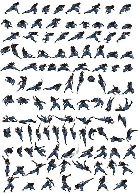 the image is a sprite sheet of a ninja character in different poses and actions. the sheet is designed for use in video games or animation. the character is drawn in a black and blue color scheme, with white outlines. the sheet includes a variety of poses, including running, jumping, kicking, punching, and swordfighting.
