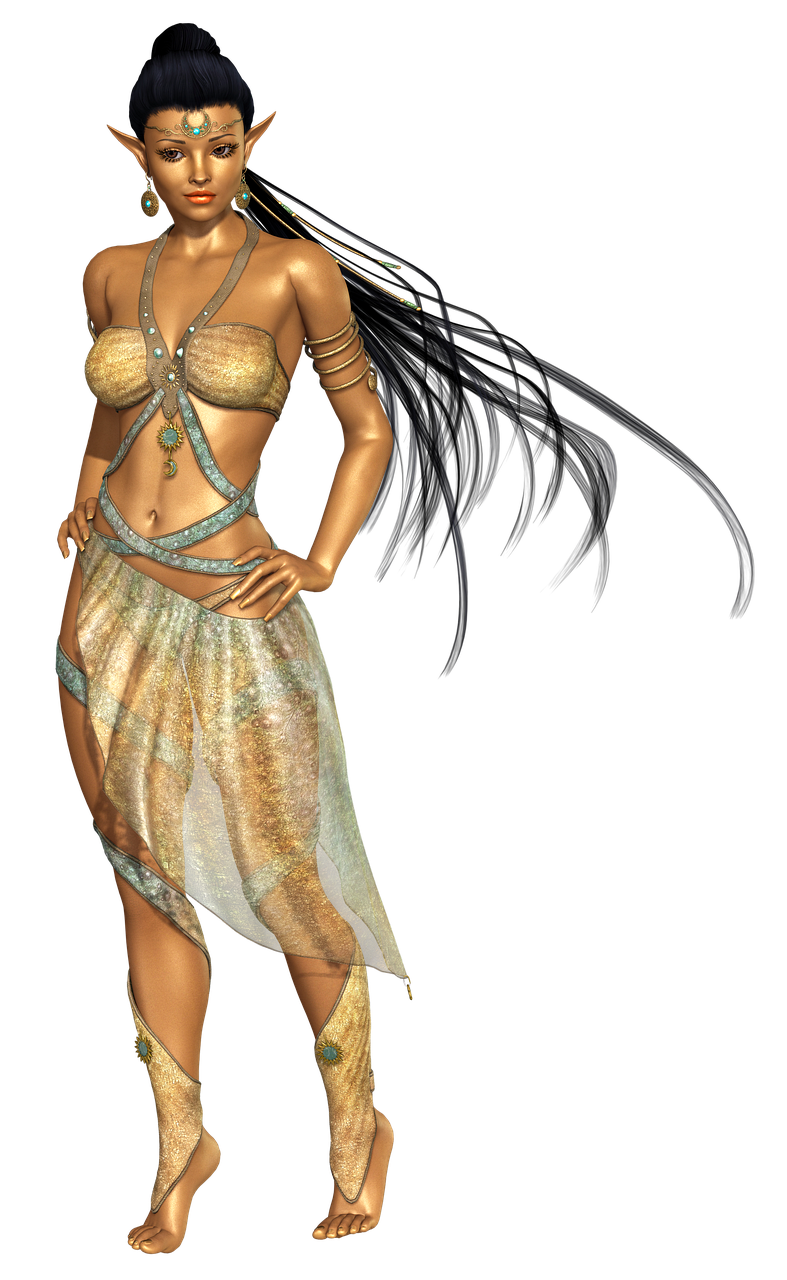a fullbody digital artwork depicts an elf woman against a black background. she has dark skin, long black hair pulled back into a bun with strands falling loose, and pointed ears. she wears a goldcolored costume with turquoise jewelry, including a headband, earrings, and various decorative pieces. she is barefoot and has gold arm bands. she stands with her hands on her hips, her gaze forward.