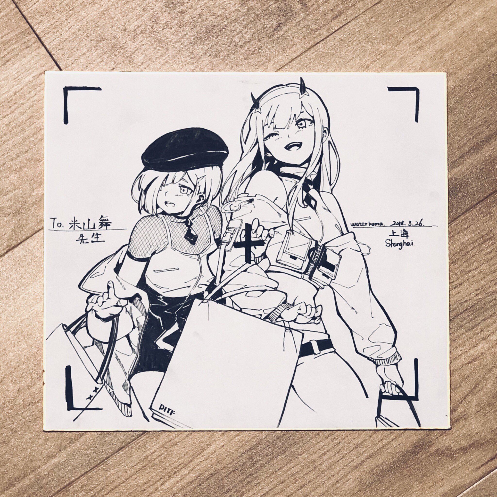 the image is a black and white sketch of two animestyle female characters posing with shopping bags, seemingly happy after a shopping trip. they are drawn in a dynamic and fashionable style. the sketch is framed with drawn corner brackets as if it were a printed photograph, and there are handwritten messages in japanese and english.