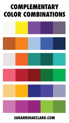 this image is a chart of complimentary color combinations.  it shows six different color schemes, each with two colors that are opposite each other on the color wheel. the chart is designed to help people choose colors that will look good together.