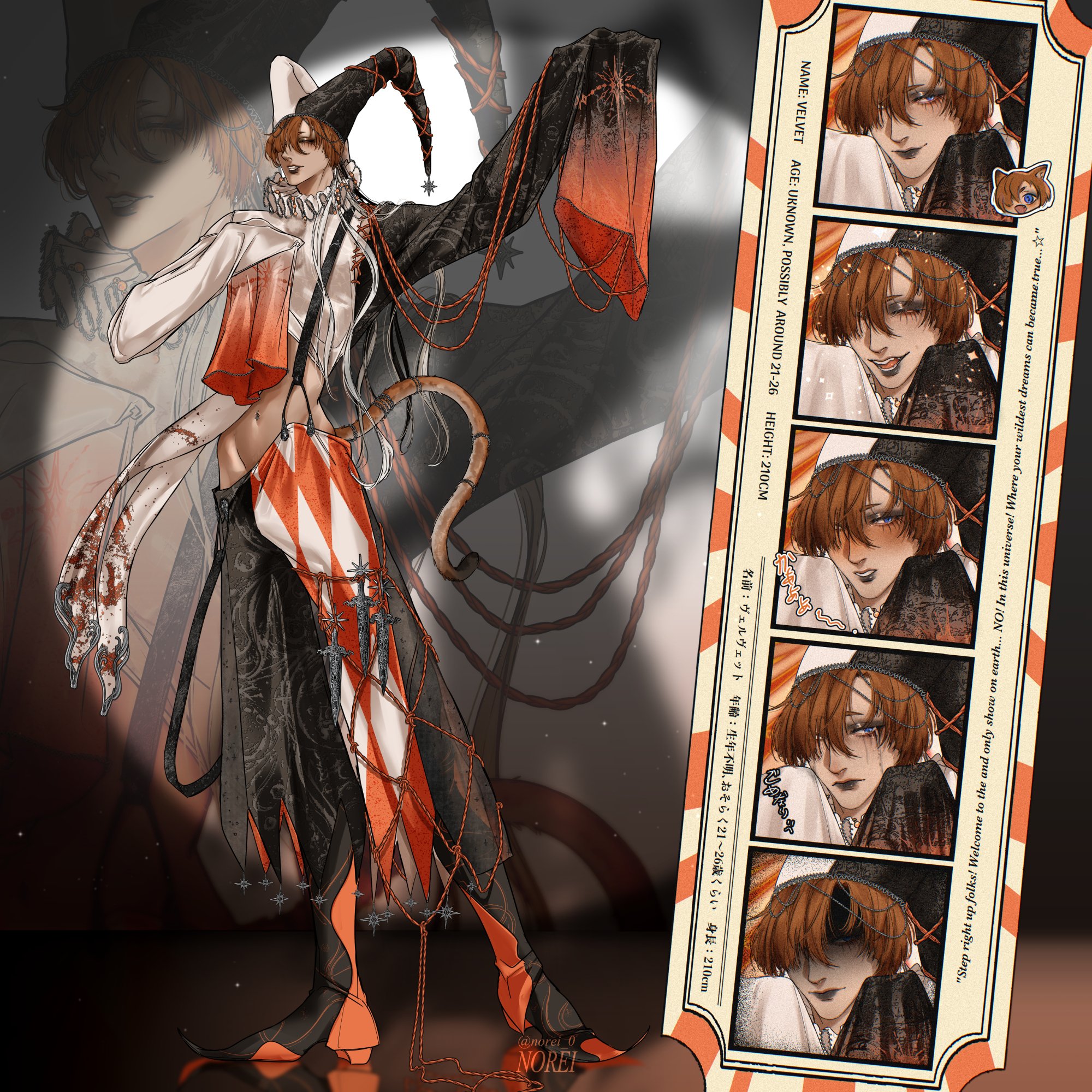 this is a digital illustration of a dark fantasy character that looks like a clown or a jester. he is wearing a red and black costume and has white makeup on his face. he has blood dripping down his hand and leg.  there are chains around his neck, waist, and legs. there are red and black stripes on the back of his costume.  he is also wearing a hat with a bell on it. the background is dark and has some black chains in it.  there is a small, separate image of the character's face in different expressions.  it's very stylized and dramatic.