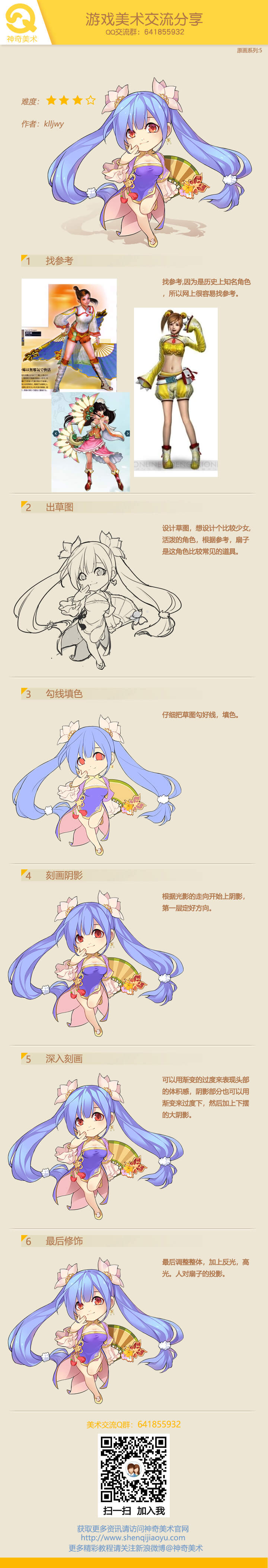 the image is a stepbystep tutorial on how to draw an animestyle female character.  it showcases the process from basic shapes and stick figures to a more refined and detailed illustration.  the character has blue hair, and pink and white clothing, and is positioned in a dynamic pose. the tutorial is in chinese.