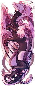 a pink and white dragon, adorned with cherry blossoms, curls up with its wings wrapped around itself. the artwork is done in a pixel art style with a soft and dreamlike atmosphere.