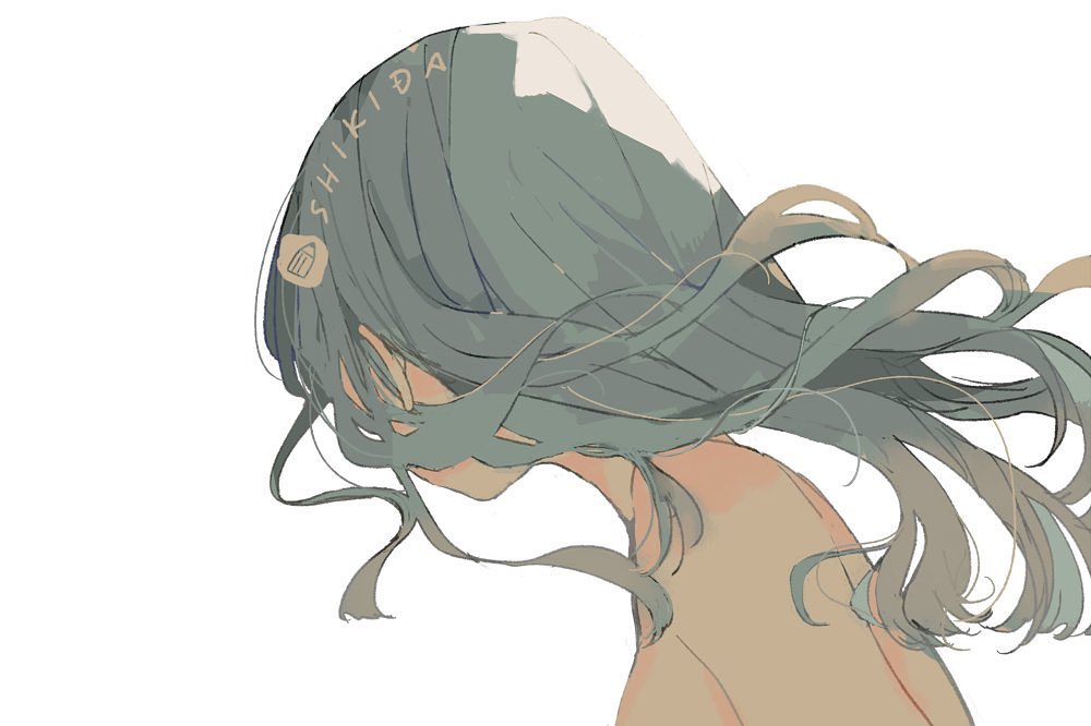 the image is a digital illustration of an anime girl with long, flowing green and blue hair blowing in the wind. she is drawn in a soft, elegant style, with delicate features and a pensive expression. the background is white, which emphasizes the girl's form and the movement of her hair. the overall impression is one of sadness and loneliness.