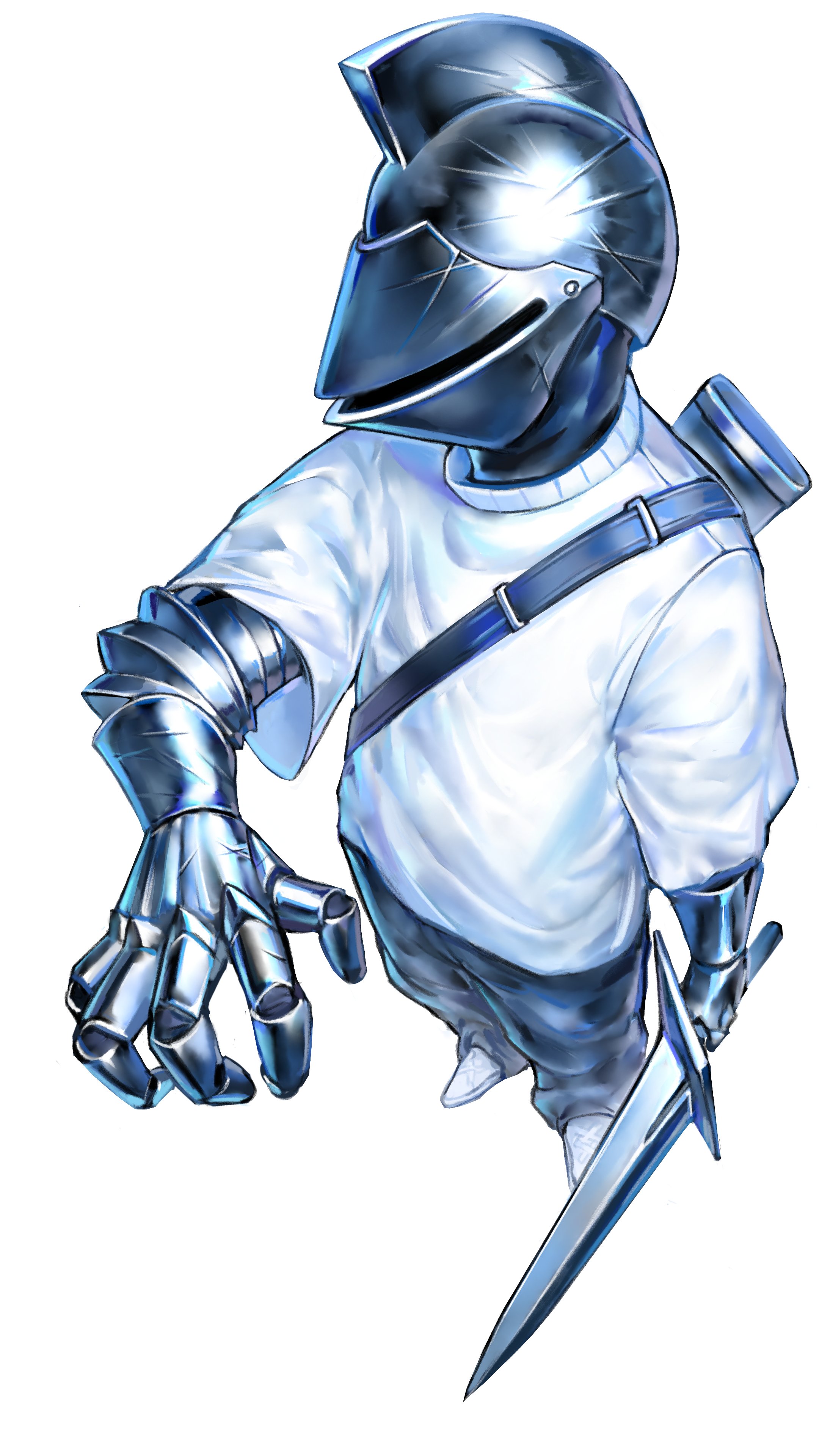 the image depicts a stylized knight clad in gleaming silver armor. the knight's attire is a striking juxtaposition of medieval and modern aesthetics, featuring a sleek helmet reminiscent of a spartan warrior paired with a simple white tshirt and pants.  a single pauldron protects the right shoulder, leading down to a segmented arm encased entirely in metal. the knight's left arm is bare save for a vambrace on the forearm, mirroring the asymmetry of the single shoulder guard. a narrow sword hangs at the knight's side, its tip pointing towards the ground. the overall color palette leans towards cool tones of blue and silver, emphasizing the metallic sheen of the armor. the highangle perspective provides a dynamic view of the character, suggesting a sense of motion.