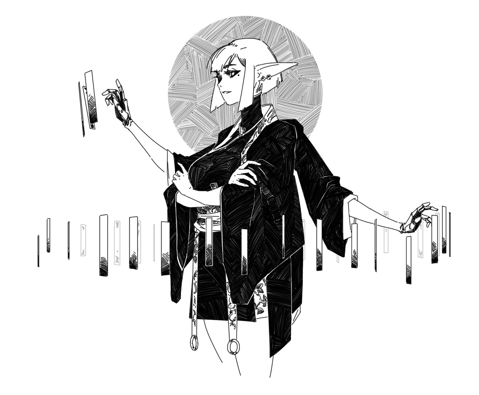 the image is a striking monochrome illustration of a female elf. she possesses pointed ears and long hair, and is dressed in a stylized kimono, which combines traditional japanese elements with futuristic hints.  one hand is clearly cybernetic or robotic in design, while the other appears more natural. she holds or interacts with what appears to be data streams, or perhaps energy, represented by stylized lines. the background features a textured circle suggestive of a moon or sun, and further lines that add depth and visual interest.  the overall style is a blend of anime/manga aesthetics with a touch of cyberpunk and fantasy, presenting a mysterious and elegant figure. the artwork is characterized by its bold lines and strong contrasts, creating a dramatic effect.