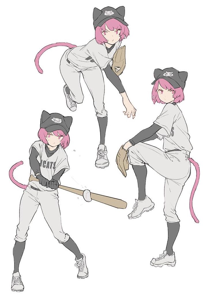 the image features three different poses of the same animestyle female character dressed in a baseball uniform. she is drawn in a sketchy style with soft shading.  the character has short pink hair and is wearing a baseball cap with cat ears.  she also has a cat tail. in one pose, she is crouched down, ready to catch a ball. in another, she is standing with a bat in her hands, about to swing. and in the third, she is standing with her glove outstretched, ready to field a ball.