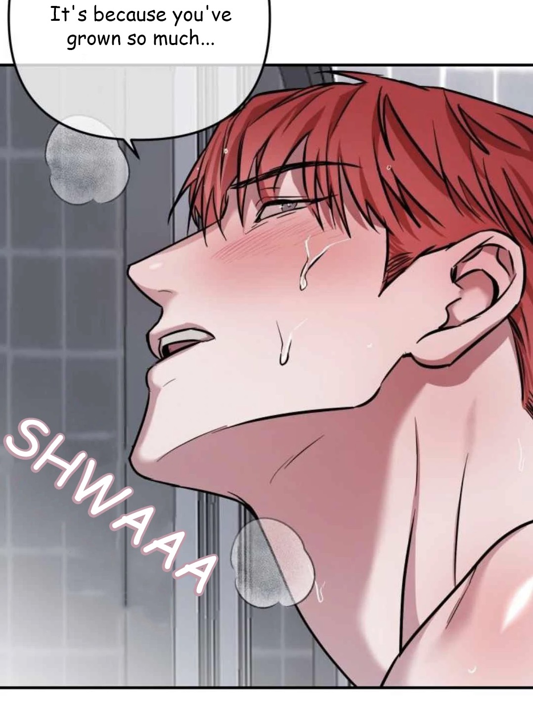 the image is a closeup panel from a manhwa (korean comic) or manga (japanese comic), likely of a yaoi (boy's love) genre.  it depicts a young man with bright red hair, his face flushed and wet from showering.  water droplets are visible on his skin. his expression is one of pleasure or slight embarrassment.  a speech bubble above him says, "it's because you've grown so much...".  another sound effect, "shwaaa," is visible, suggesting the sound of water. the overall style is suggestive and intimate. the panel focuses on the character's emotional and physical state.