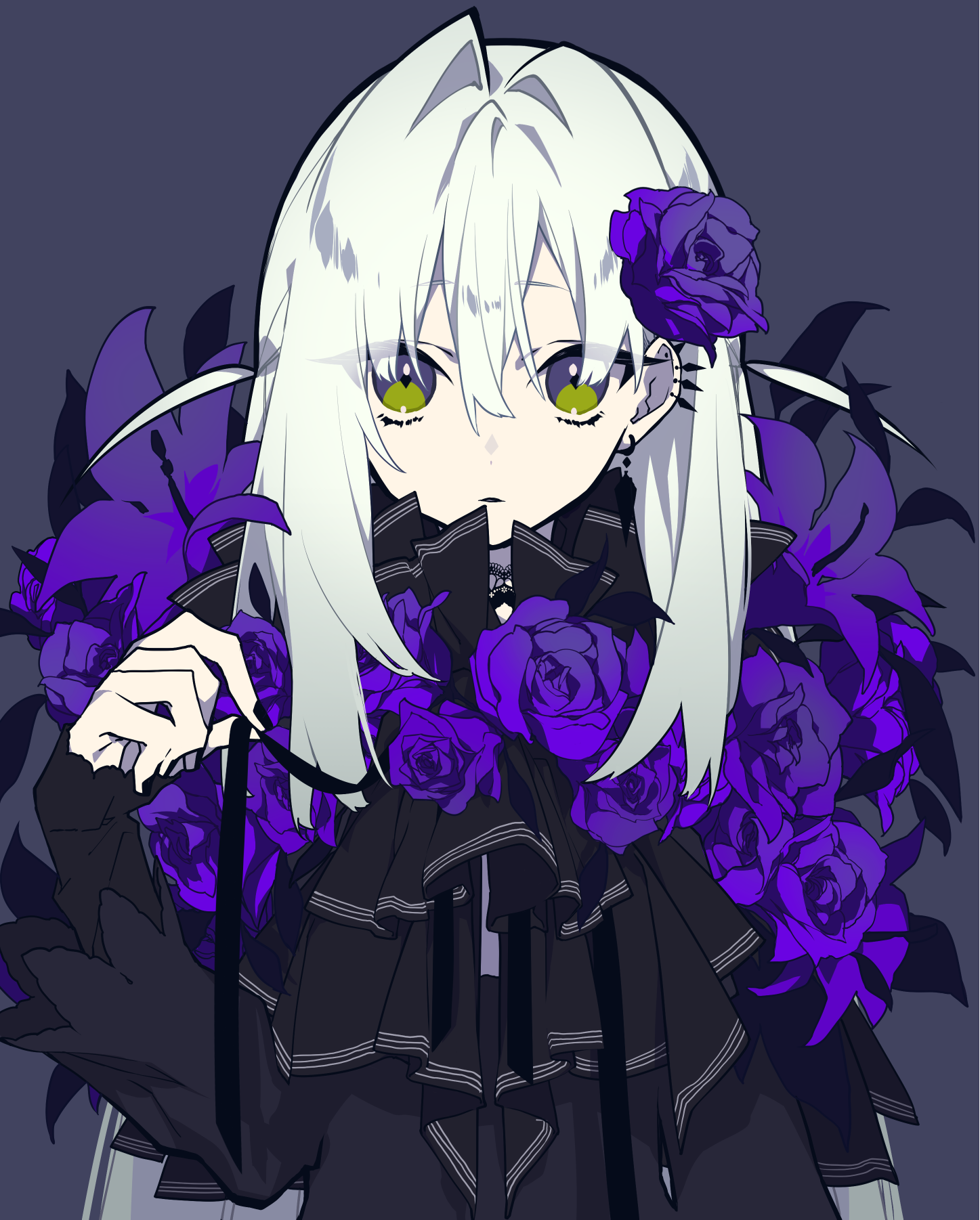 a digital illustration of an anime girl with white hair and green eyes, adorned with purple roses. she wears a black gothic dress with frills and ribbons and a large rose in her hair. she has an earring and choker. the background is a muted dark color.