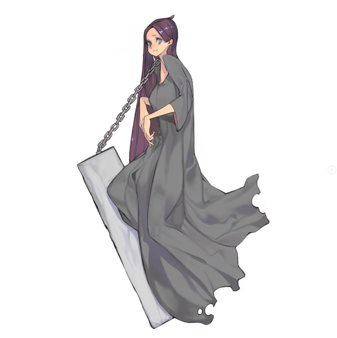 a young woman with long purple hair and blue eyes is depicted in a flowing grey robe, seemingly floating. she is perched on a large, flat, grey stone suspended by a chain. the style of the artwork is reminiscent of anime and manga, with a soft and ethereal atmosphere.  the woman's expression is serene, and her posture suggests a sense of quiet power.