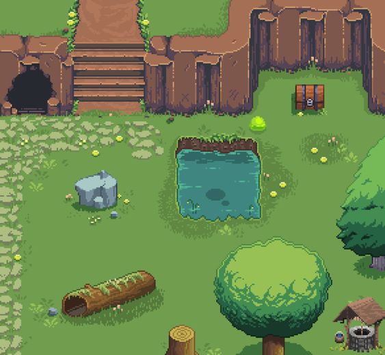 this is a pixel art image that could be from a video game, depicting a topdown perspective of an outdoor environment. there's a small body of water fed by a waterfall, a treasure chest, pathways, trees, decorative rocks, and a well.  the overall color palette gives the scene a bright daytime feel.