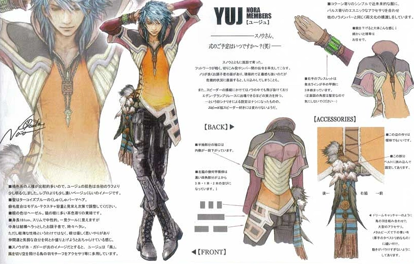 a concept art of a male character on a white background. the drawing shows front and back views of the character, closeups of accessories, and notes on the character's outfit and personality.