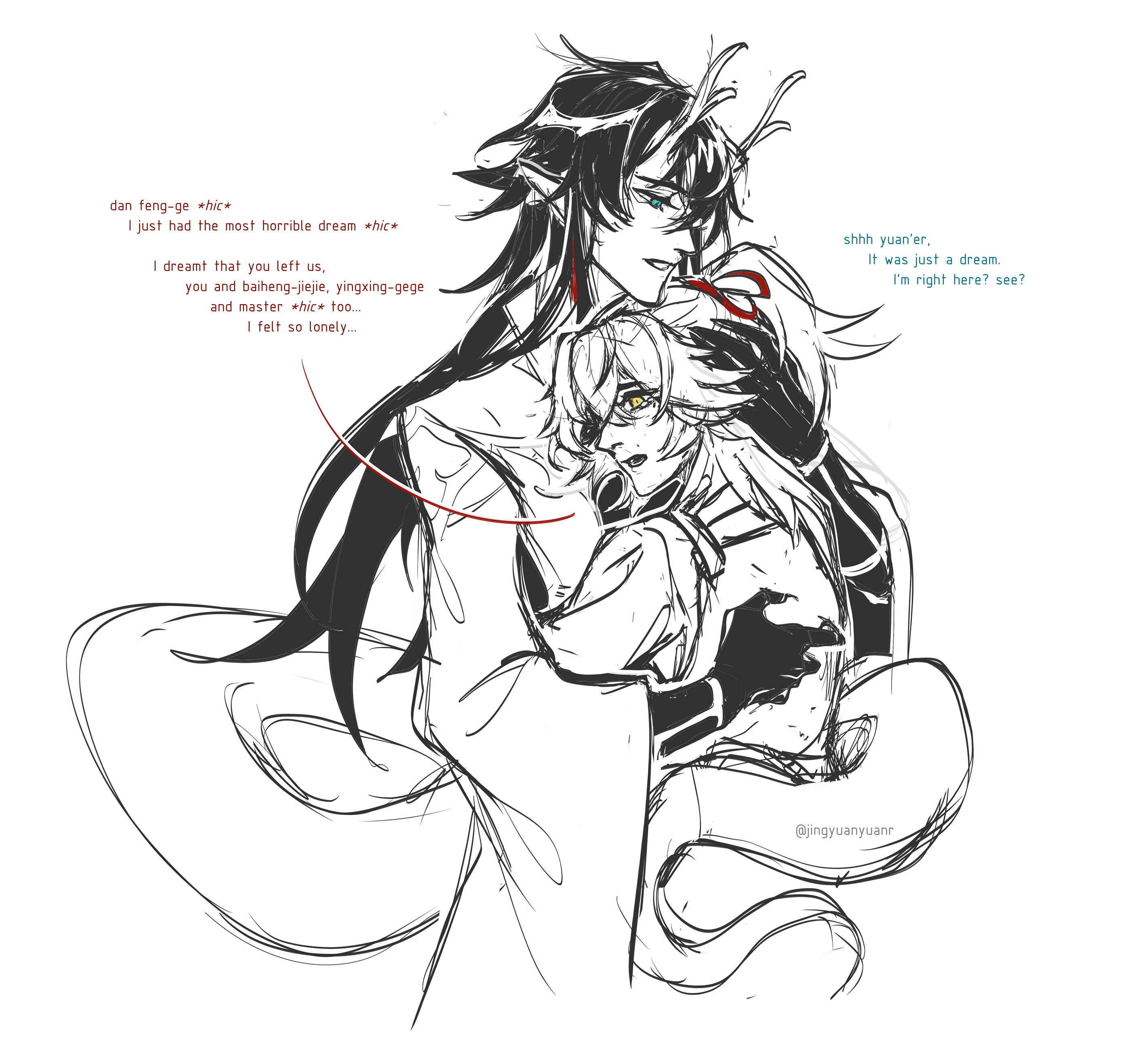 this image depicts a scene from a comic or anime. two young men are hugging each other tightly. the man on the left is comforting the man on the right, who seems to be crying. they both have long, black hair and are dressed in flowing robes. the man on the left is holding the other close and looking at him with concern. the man on the right is burying his face in the other's shoulder and appears to be sobbing. the image is rendered in black and white and has a soft, sketchy style. it seems to be a scene of emotional support and comfort, where one character is providing reassurance and solace to the other after a nightmare.  the dialogue bubbles suggest a tender, intimate moment where they are trying to understand each other's feelings. the overall tone is one of empathy and care.
