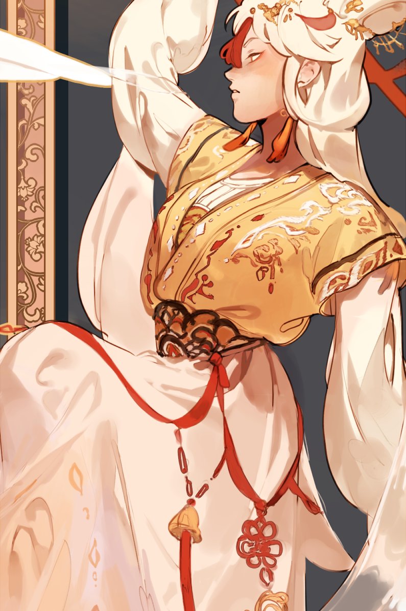 the image is a digital artwork featuring a female character in an anime style. she is depicted in a side view, wearing traditionalstyle clothing that is predominantly white with a yellow outer garment. her hair is white with red accents, and she has fair skin. the character is adorned with jewelry, including a headdress and a pendant. the clothing features ornate details and decorative patterns. the background is a dark gray color. the image is stylized with a distinct light source.