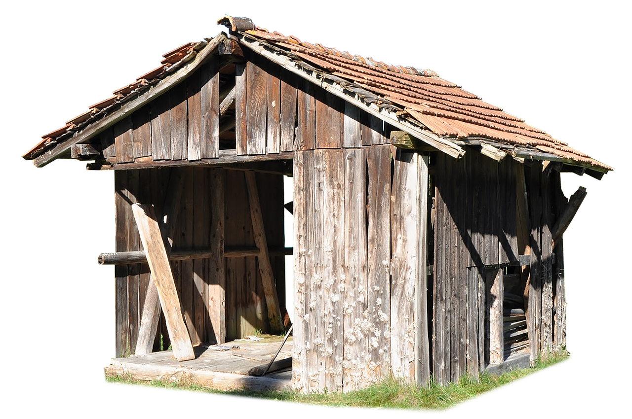 a dilapidated, old wooden barn with a tiled roof is shown against a black background. the barn appears weathered and decaying, with missing or damaged wood and tiles. the structure is rustic and abandoned, giving it a derelict appearance. the surrounding area has some grass.