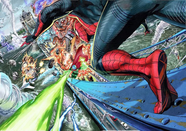 this comic book illustration features spiderman in the midst of a chaotic battle in london. he is flying through the air, his suit is red and blue, and he is firing a green energy beam from his hand. the background is a cityscape with several buildings and the tower bridge. the image is full of action and destruction, with explosions, smoke, and debris everywhere.