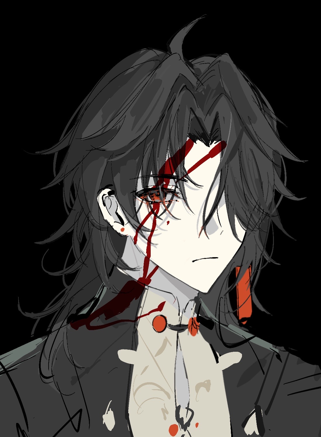 a digital art illustration of an anime boy with black hair and red eyes, he is covered in blood and seems to be injured. he is looking down with a sad expression. the background is dark.