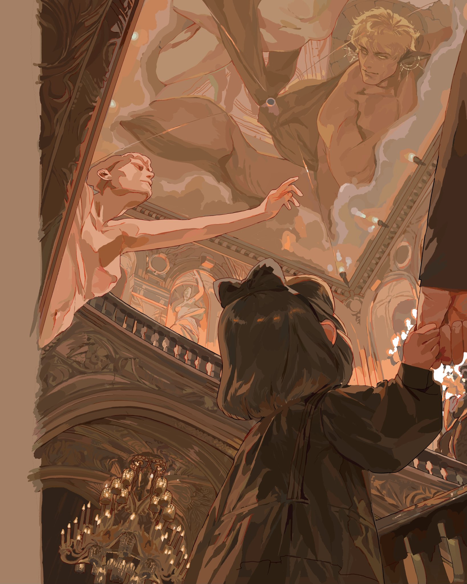a little girl in a black outfit and hat is holding hands with an adult. they are looking up at a painted ceiling inside a grand building. the ceiling painting features figures resembling classical art. there is a large chandelier hanging in the space.