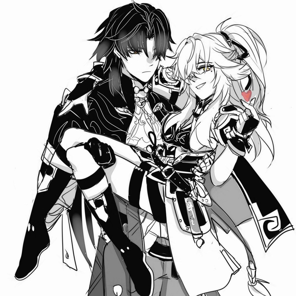 a black and white drawing of a couple in a romantic pose. the male character has black hair and is wearing a  long coat. he is holding the female character in his arms. the female character has long blonde hair and is wearing a kimono and a sword. they are both smiling and looking at each other.