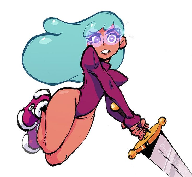a cartoon illustration of a woman in a pink leotard with blue hair and purple gloves holding a goldhandled sword. the woman is in a pose of moving quickly forward.  the art style is similar to anime style with exaggerated features.