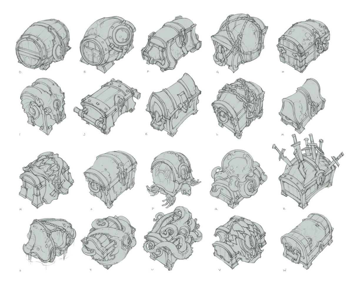 this is a sketch of multiple different treasure chest designs. it looks like this might be concept art for a game or cartoon with different styles of treasure chests. they all seem to be made of wood, some have metal hardware and some have extra design elements, like tentacles.