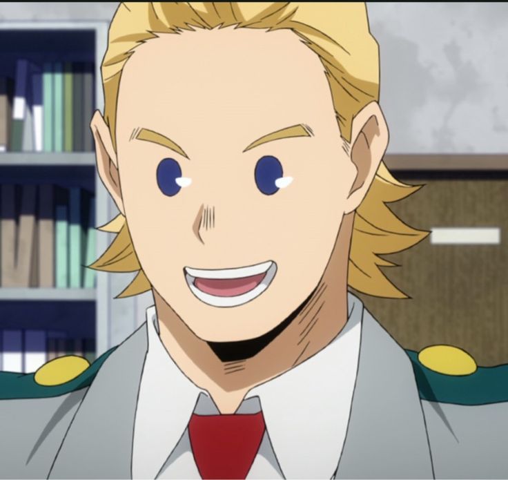 the image is of a male anime character with blond hair and blue eyes. he is smiling happily and is wearing a hero costume with a green and white color scheme. he is standing in front of a bookshelf.