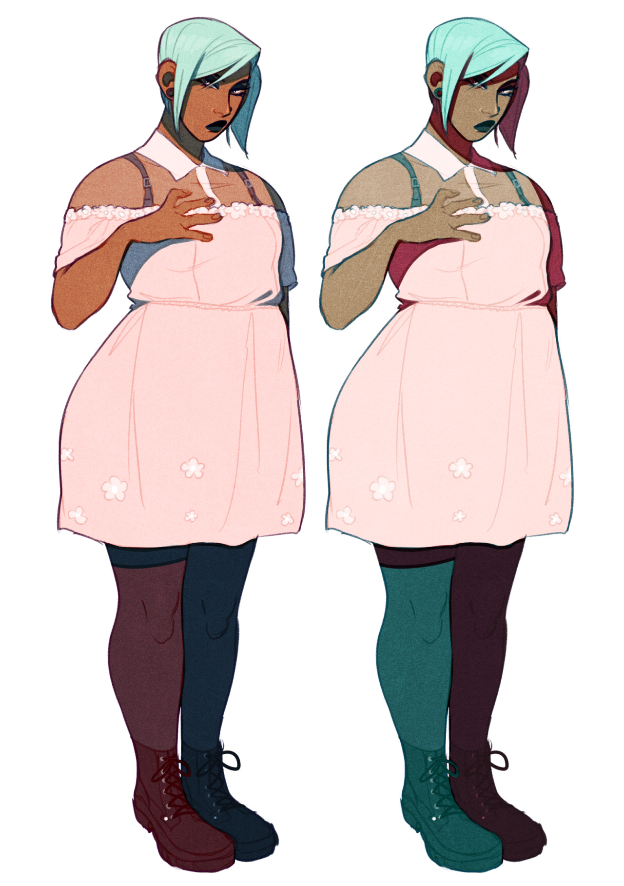 two identical drawings of a person are shown. the person has mint green hair with a pink streak on the right side, brown skin, and is wearing a pink dress with offtheshoulder sleeves, black socks or tights, and black boots. the only difference between the two drawings is the color palette.