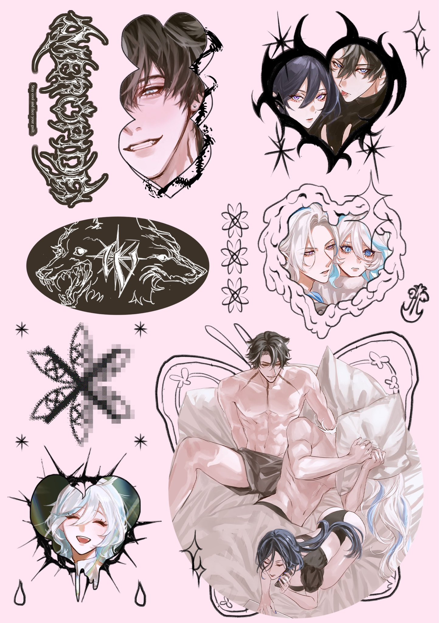 this image is a collection of cute anime art stickers. there are several couples, including a pair in a wolf and a butterfly. there is a flower, a wolf, a butterfly, hearts, and other details, all with an aesthetic anime style.  all the images are surrounded by a pale pink background.  there are several elements of the image that convey the concepts of love, romance, and fantasy.