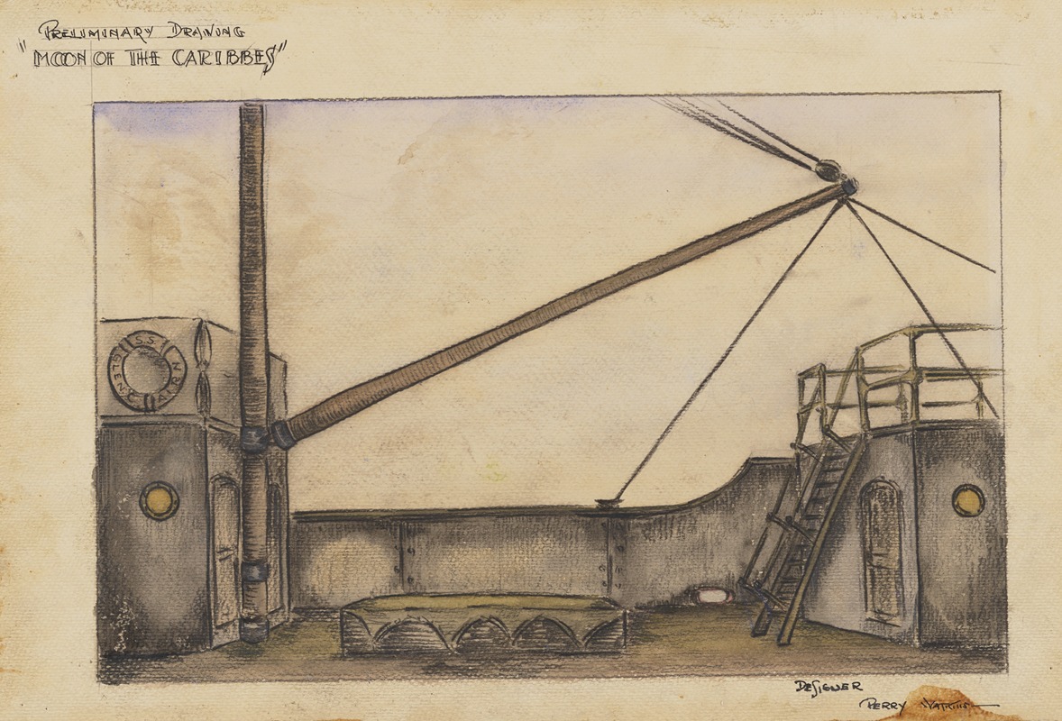this is a stage design drawing entitled "preliminary drawing 'moon of the caribbees'." it features a ship deck with rigging, a ladder leading to an upper level, and architectural details suggesting a ship. a life preserver labeled "s.s. glencairn" is visible. the drawing is signed "perry watkins" as the designer. the scene depicts a harbor or dock setting, likely for a theatrical production.