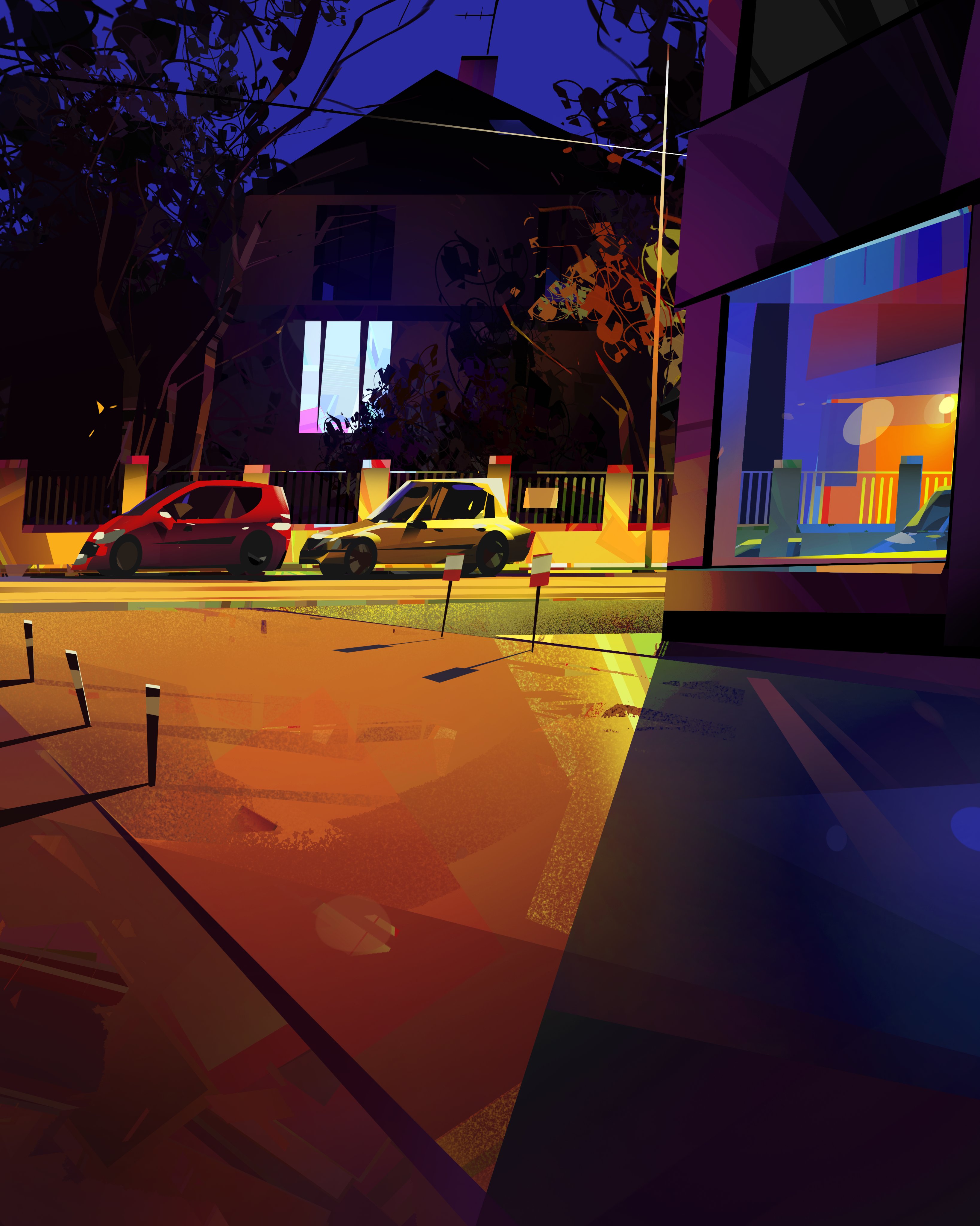 an artistic illustration depicts a nighttime scene with a building, a storefront, cars parked on the street, and a house in the background. the lighting is colorful and dramatic, with oranges, yellows, reds, and blues dominating the color palette. there are several trees surrounding the scene.