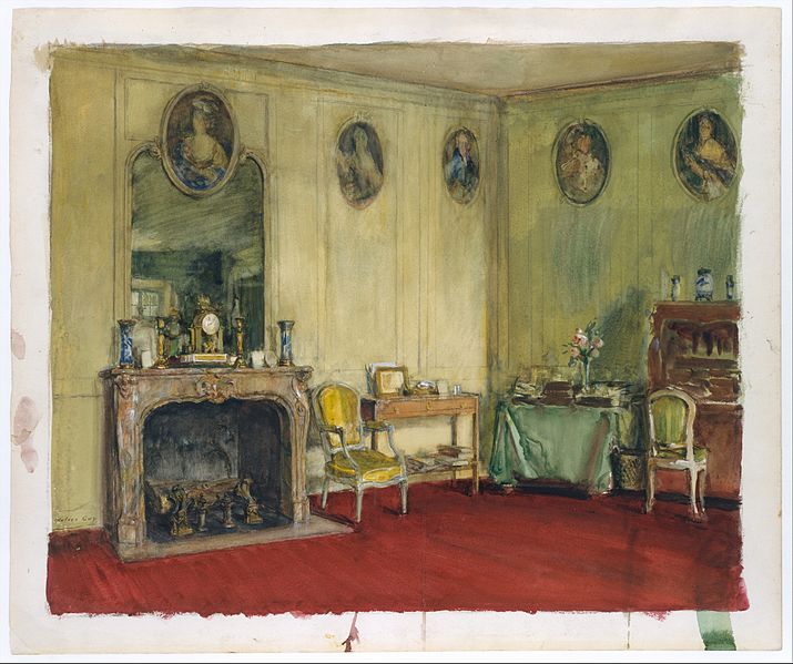 a painting of an interior room scene. the room features a fireplace with a mirror above it, portraits on the wall, various pieces of furniture including chairs and tables, decorations like flowers and vases, and a red carpet. the room has a classic, slightly aged look.