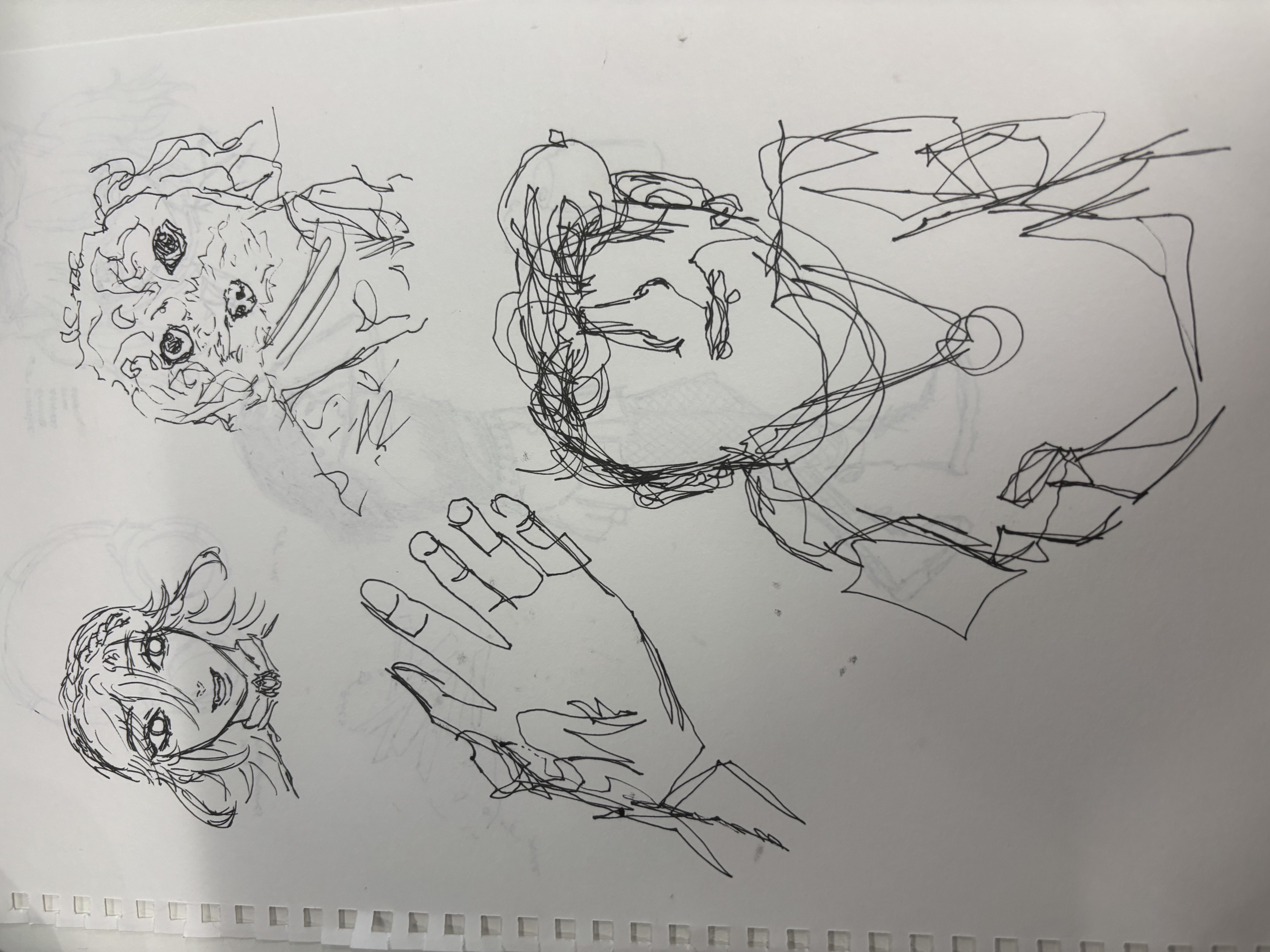 the image contains several sketches made with pen on paper. there is a drawing of a hand, two anime style faces, and two other head/face figures. the sketches use many lines and the style is somewhat chaotic.