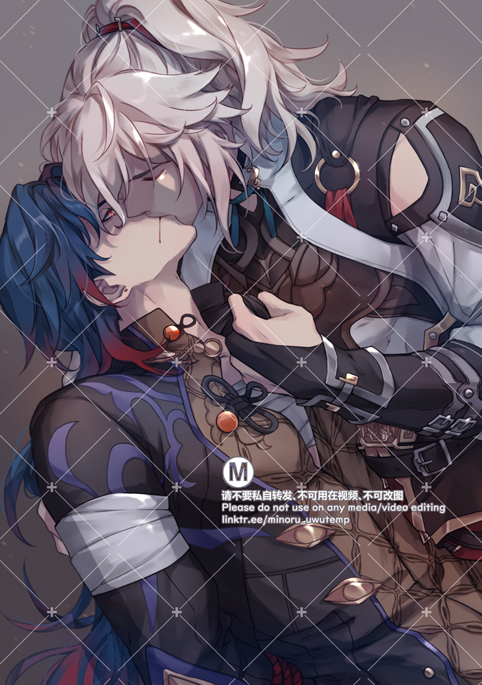 this is a digital illustration of two anime characters, albedo and xiao from the game genshin impact. the image portrays the two characters kissing with albedo wrapping his arms around xiao.  the colors are soft and warm, and the lines are clean and precise.  it's a beautiful and romantic illustration that captures the affectionate nature between the two characters.