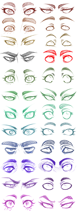 the image is a collection of various anime/mangastyle eye drawings.  each row depicts a pair of eyes with slight variations in shape, eyebrow style, and expression. the eyes progress through a color gradient, starting with reddishbrown and transitioning through various shades of green, blue, purple, and finally ending with lighter purples.  the style is consistent throughout, showing a range of emotional expressions and drawing techniques for creating anime eyes. the drawing style is loose and sketchy, giving it a tutoriallike feel.