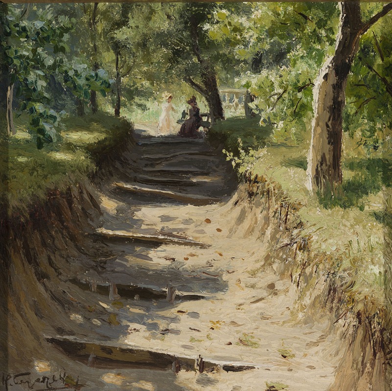a painting in the impressionist style depicts a park scene with a descending path made of steps. the path is bathed in dappled sunlight, creating strong shadows. two women are seated on a bench near the top of the path under the shade of trees. the scene is full of lush greenery and natural elements.