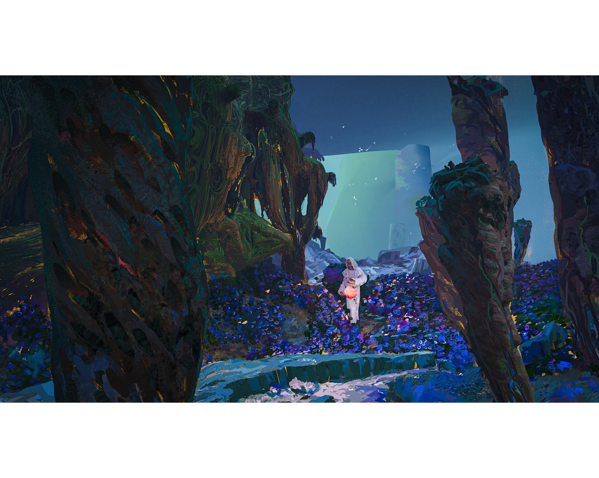 a woman in a white spacesuit walks through an alien landscape. glowing blue flowers carpet the ground, while strange rock formations, lit in teal, tower over her.  the scene has a dreamlike, neon quality.