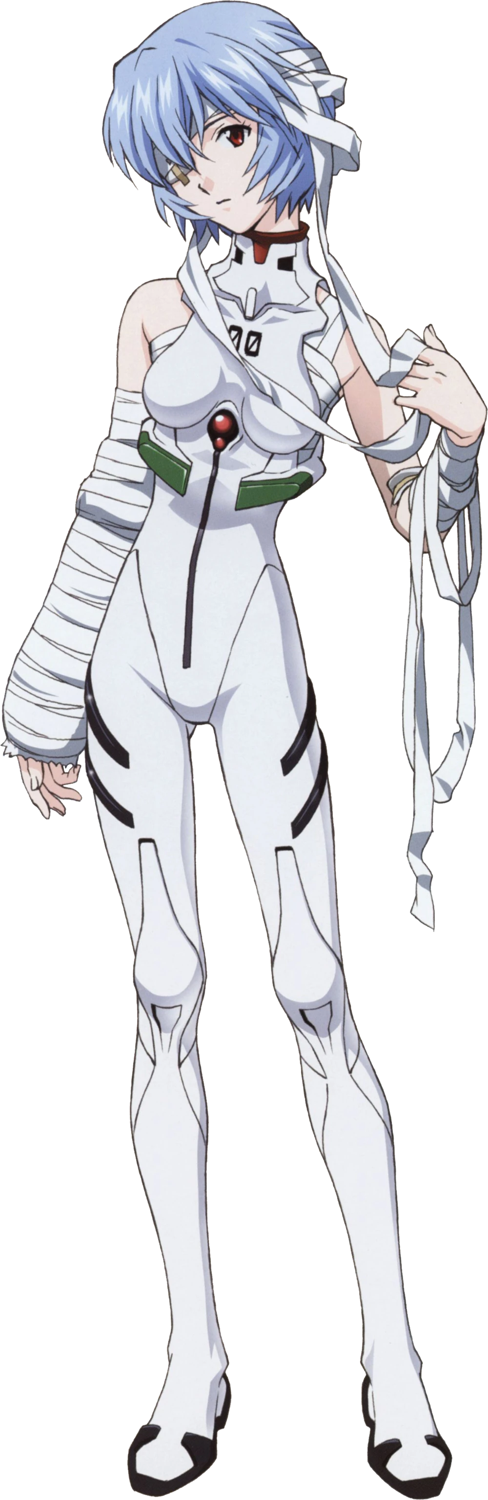 a young anime girl with blue hair and red eyes. she's wearing a white outfit with bandages. her hair is tied up with a white bandage and a part of her eye is covered with a bandage as well.  she is holding a weapon in her right hand.