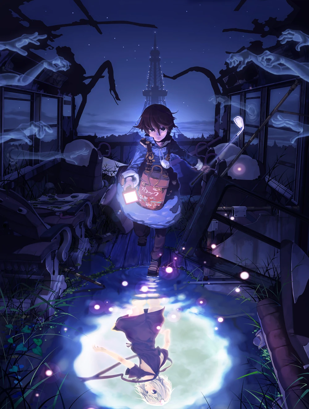 the image showcases an animestyle illustration of a girl with short brown hair and glowing blue eyes standing within a dilapidated room. the room features broken windows, overgrown vines, and a faintly visible cityscape in the background. the girl, dressed in a blue and white dress, holds a lantern in her left hand and a bow in her right. a magical, glowing circle of water rests on the floor before her, reflecting her image. the overall atmosphere is mystical and ethereal, accentuated by the predominantly blue and purple color scheme.