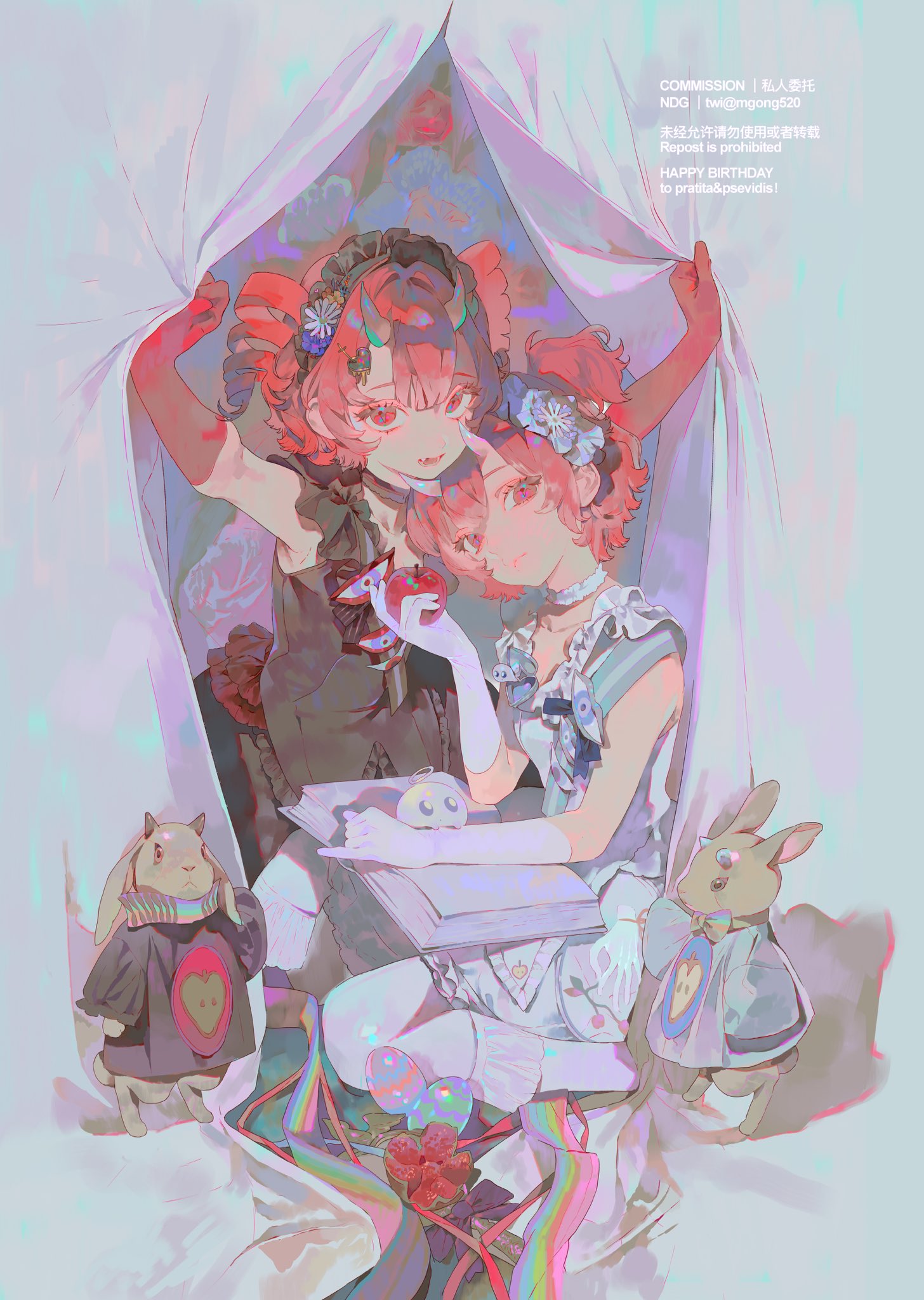the image depicts two anime girls with pink hair sitting together. the girl on the left is wearing a black dress with frills and bows, and she is holding an apple. the girl on the right is wearing a light blue dress with white ruffles and flower decorations in her hair. they are sitting on a book, and there are two plush rabbits on either side of them. behind them is a curtain, and the overall color palette is pastel. the image includes a birthday message for "pratita&provid."