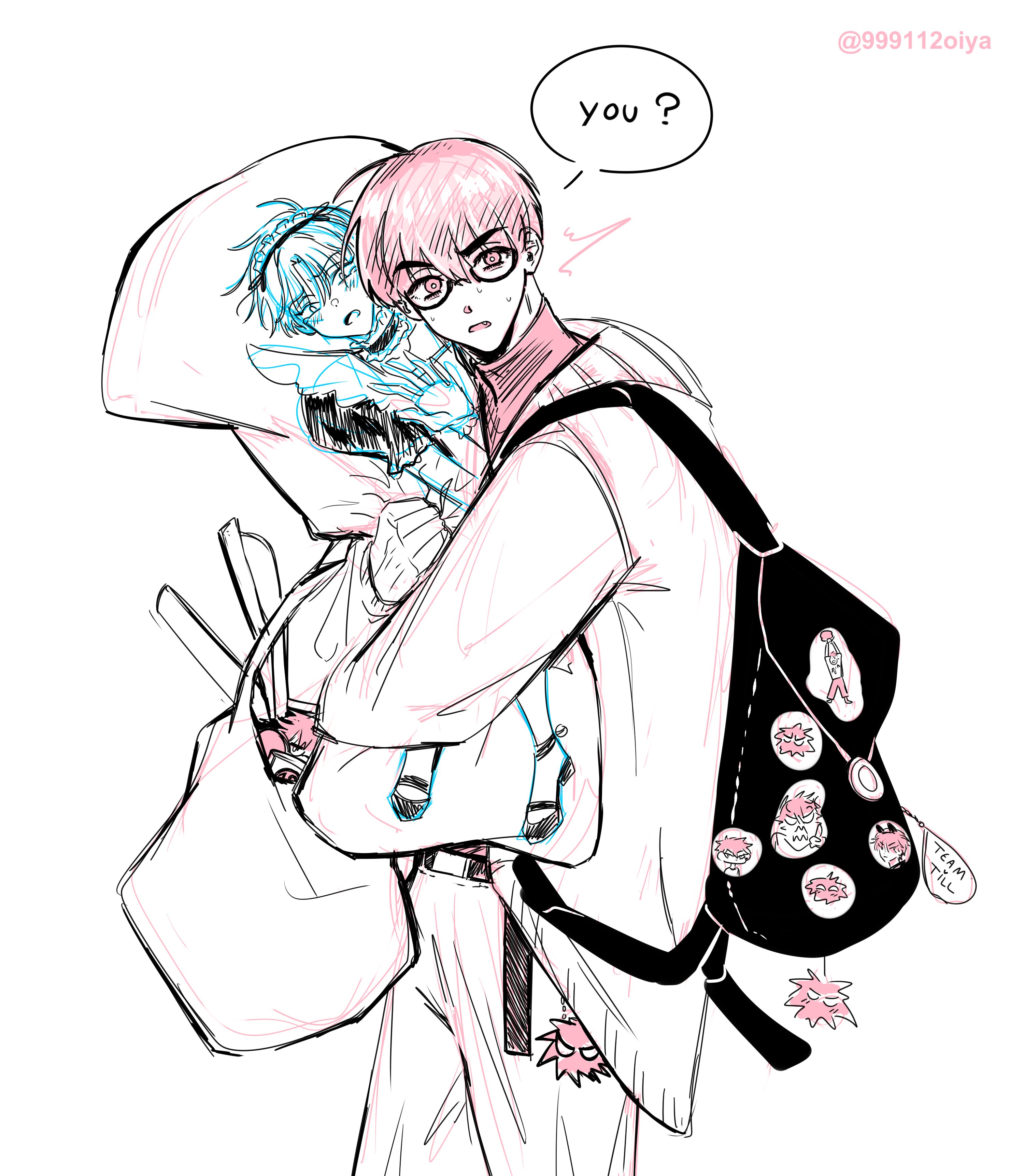 the image is a stylized anime or mangastyle sketch of a young person with pink hair and glasses. they are carrying a smaller, chibilike character resembling a doll or plushie with blue hair in a hooded sweatshirt.  the larger character appears surprised, as indicated by a speech bubble saying "you?". they are wearing casual clothes, a backpack adorned with various small stickers, and are carrying a large tote bag. the overall style is light and slightly messy, characteristic of a quick sketch or fanart. the line art is clean with a mix of thin and thicker lines and uses soft pink and light blue accents to highlight certain features.
