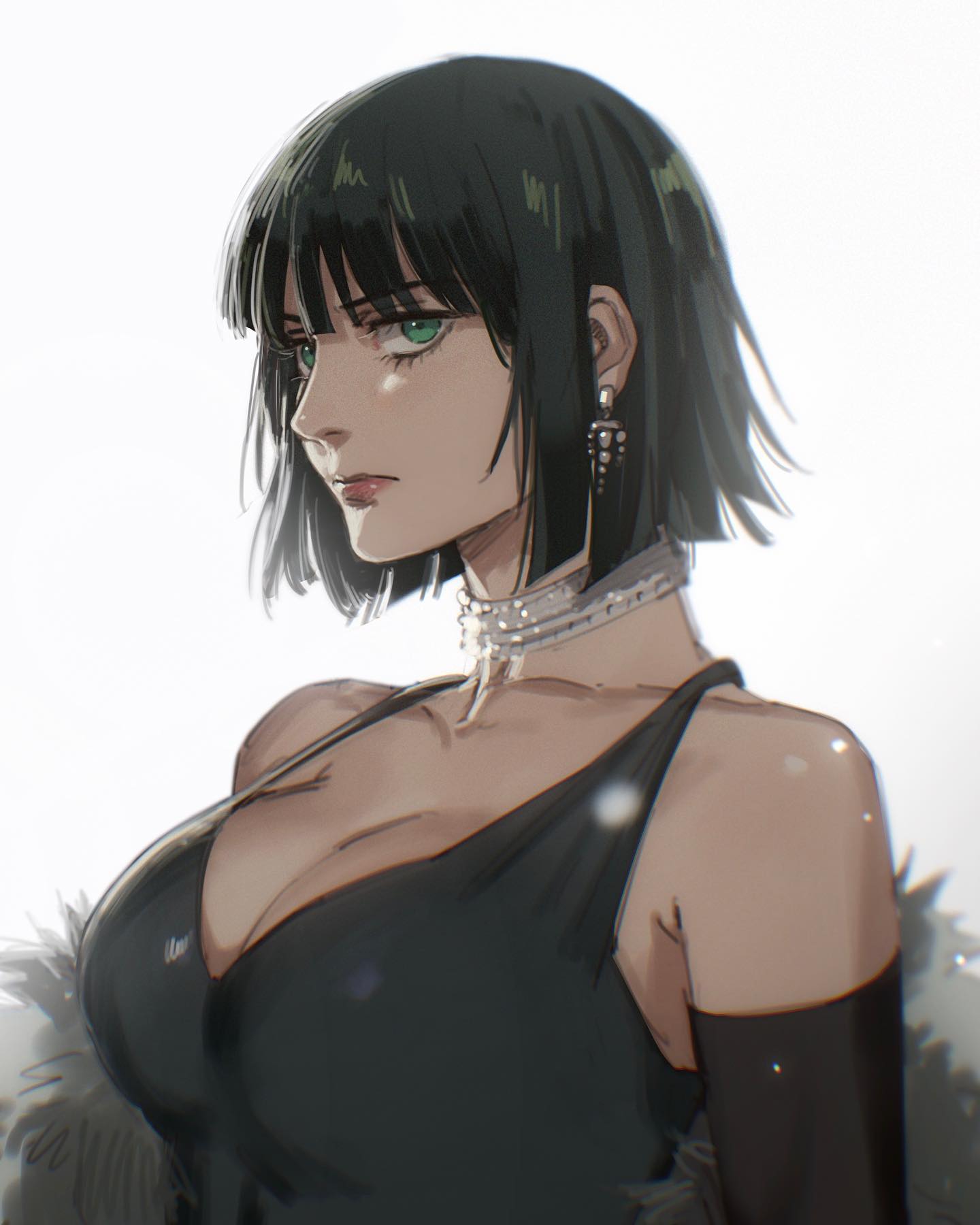 the image showcases a digital illustration of a young woman with short, dark hair and striking green eyes. she is elegantly dressed in a lowcut black dress, accessorized with a pearl choker and dangling earrings.  the soft lighting accentuates her features, and the simple background emphasizes her presence in the composition.  her expression is serious and contemplative. the overall style of the illustration is reminiscent of anime and manga.