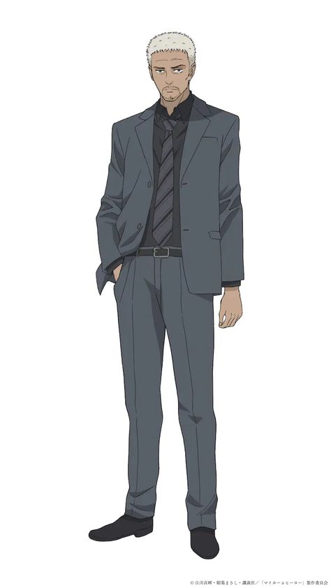 a promotional image of an anime character design for a man with short, white hair and facial hair. he is wearing a grey suit, black shirt, and dark blue tie. the image appears to be a digital illustration against a plain white background.  this is likely a character reference sheet for an anime production.