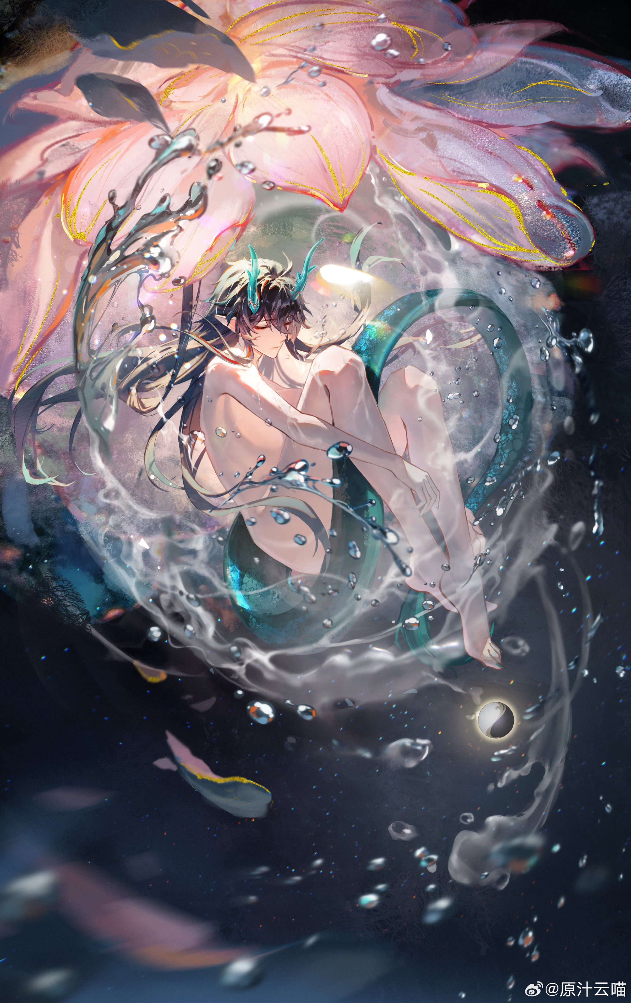 the illustration showcases a female character, drawn in an anime style, with long flowing black hair and horns, floating within a translucent, waterfilled orb. she is surrounded by delicate, pinkhued flower petals, creating an ethereal and magical ambiance. the lighting is bright, casting a soft, otherworldly glow around her. the perspective is slightly above, offering a view of the character and her surroundings.