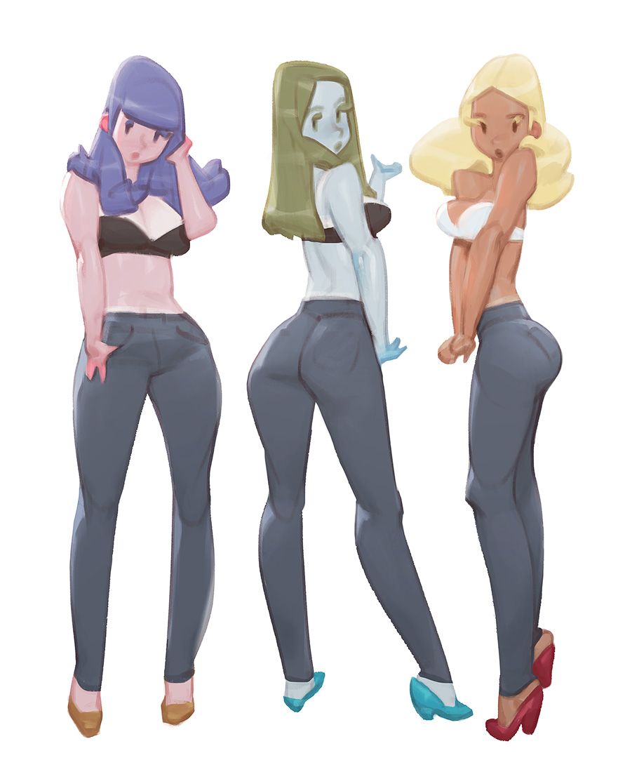 the illustration features three stylized female figures, each rendered with exaggerated proportions and a distinct color palette. they are all wearing jeans and similar tops, highlighting their curvy physiques. the style is cartoonlike, emphasizing playful exaggeration and visual appeal. the background is a plain white, putting the focus solely on the characters.